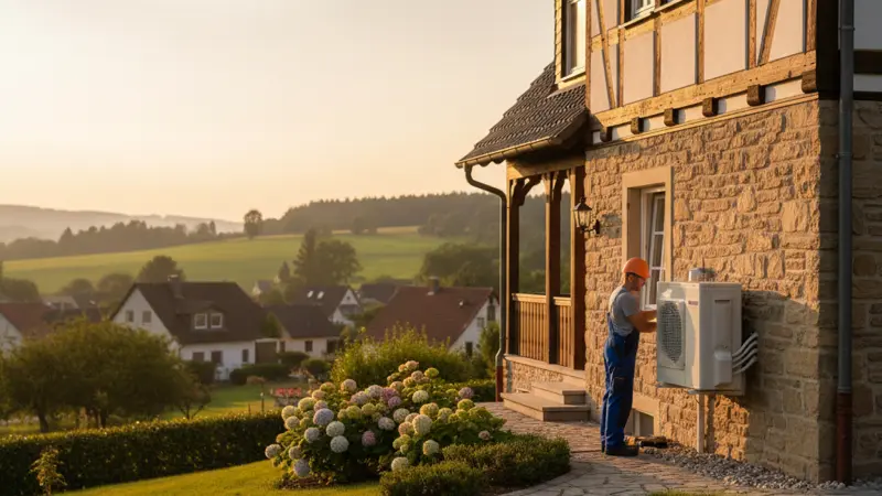 Fachhandwerker installiert eine Luft-Wasser-Wärmepumpe neben einem Einfamilienhaus