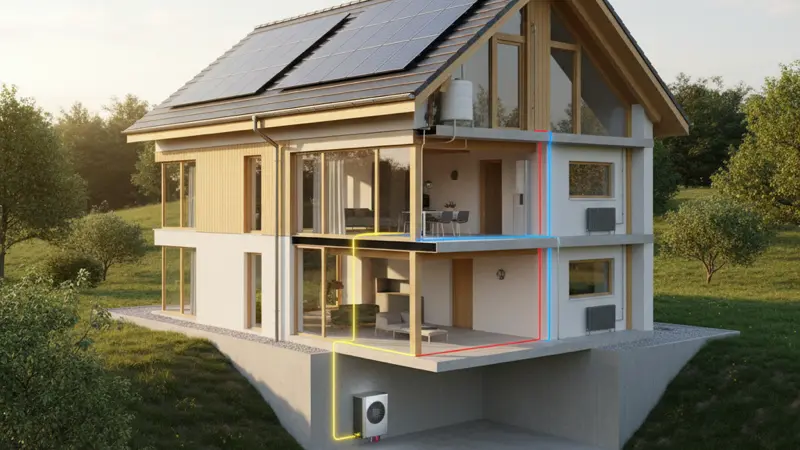 Schnittdiagramm eines Hauses mit Solaranlage und Wärmepumpe als integriertes System