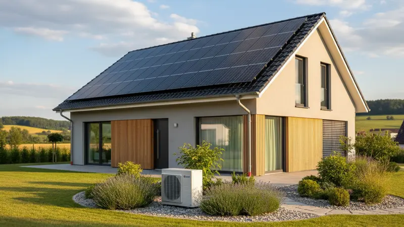 Modernes Einfamilienhaus mit Solaranlage auf dem Dach und Wärmepumpe im Garten