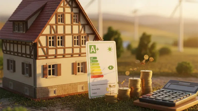 Energieeffizienz-Visualisierung mit Modellhaus und Taschenrechner