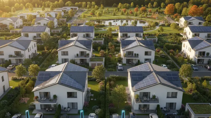 Nachhaltige Wohnsiedlung mit Solardächern und Wärmepumpen, Zukunftsvision