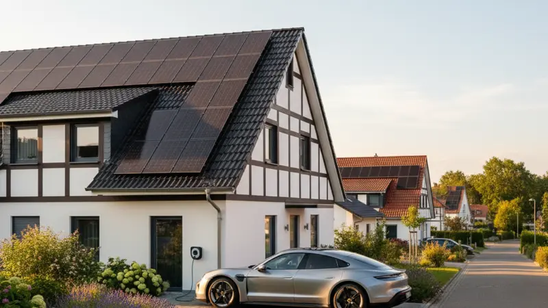 E-Auto an Wallbox vor Haus mit Solaranlage