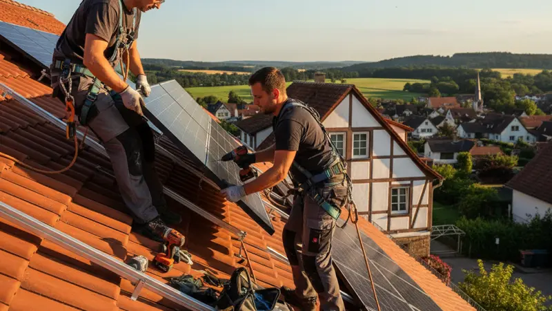 Solarteure bei der Installation von PV-Modulen auf dem Dach