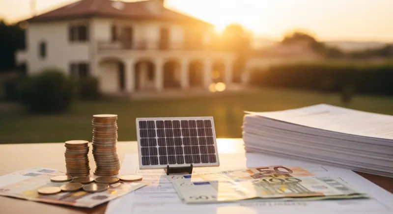 Förderanträge und Euro-Geldscheine neben einem Solarmodul-Modell auf dem Schreibtisch