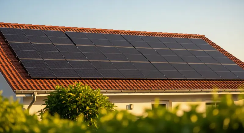 Moderne Solaranlage auf dem Dach eines deutschen Einfamilienhauses mit blauem Himmel