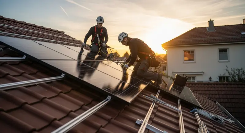 Solartechniker installieren Solarmodule auf einem Hausdach