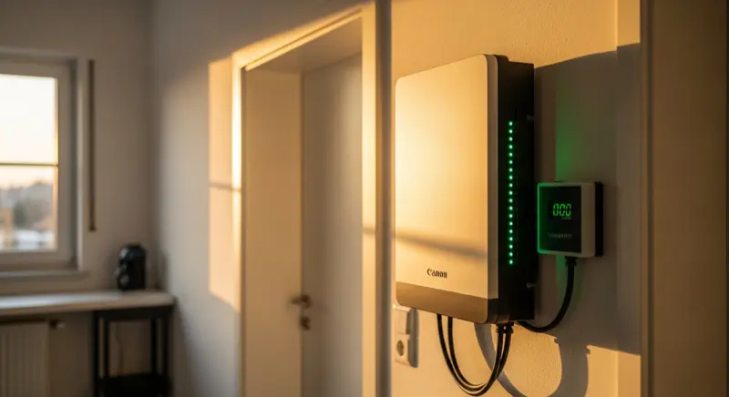 Moderner Lithium-Stromspeicher an der Wand montiert im Hauswirtschaftsraum