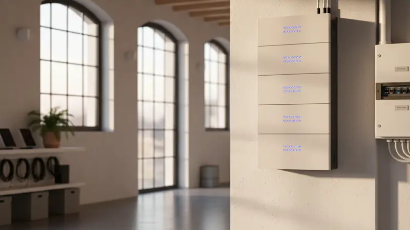 Moderner LFP-Batteriespeicher an der Wand montiert