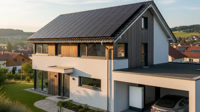 Eigenheim mit Solaranlage auf dem Dach und Batteriespeicher in der Garage
