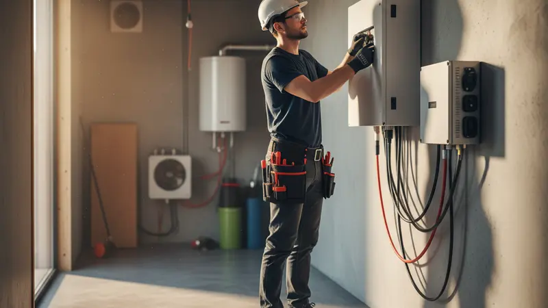 Fachkraft installiert Batteriespeicher an der Wand eines Hauswirtschaftsraums