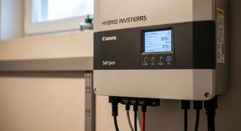 Hybrid-Wechselrichter an Kellerwand montiert - Verbindung zwischen Solaranlage und Speicher