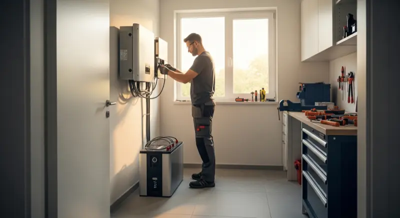 Elektriker bei der Installation eines Batteriespeichers im Hauswirtschaftsraum