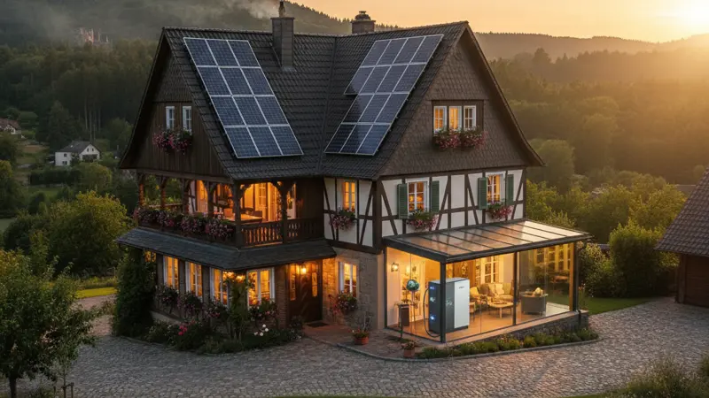 Haus mit Solaranlage bei Dämmerung, warm beleuchtete Fenster dank Batteriespeicher