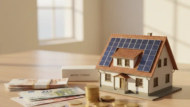 Modellhaus mit Solarpanels und Euromünzen symbolisieren die Kostenersparnis