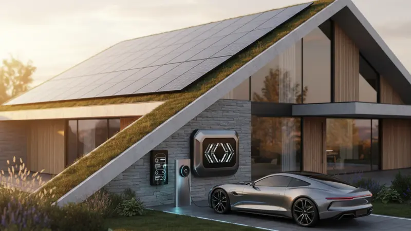 Zukunftvision eines vernetzten Energiesystems mit Solardach, Speicher und E-Auto