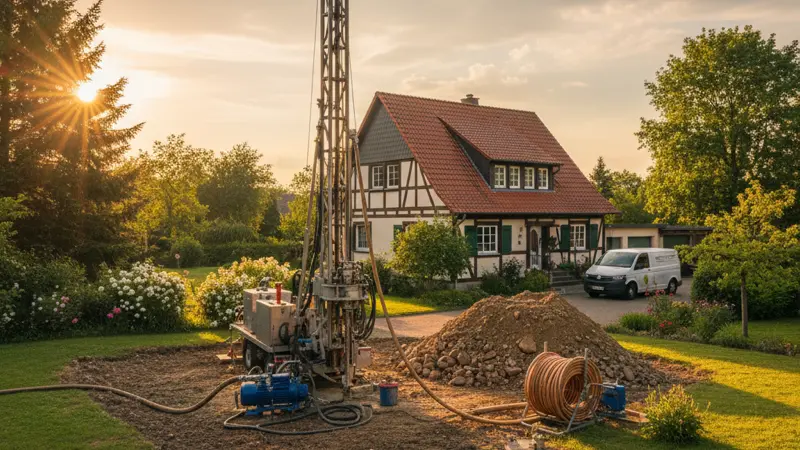 Bohrgerät für Erdwärmesonde auf einem Privatgrundstück neben Einfamilienhaus
