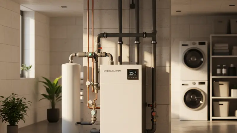 Sole-Wasser-Wärmepumpe Innengerät in einem modernen Hauswirtschaftsraum