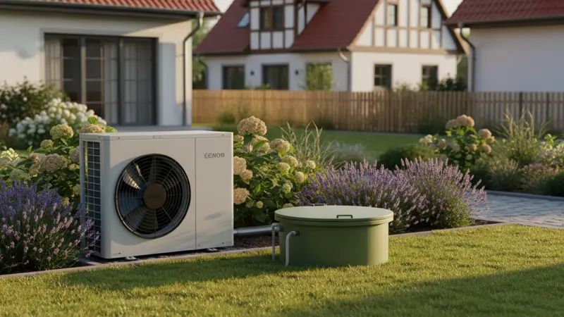 Vergleich Sole-Wasser und Luft-Wasser Wärmepumpe im Garten eines Einfamilienhauses