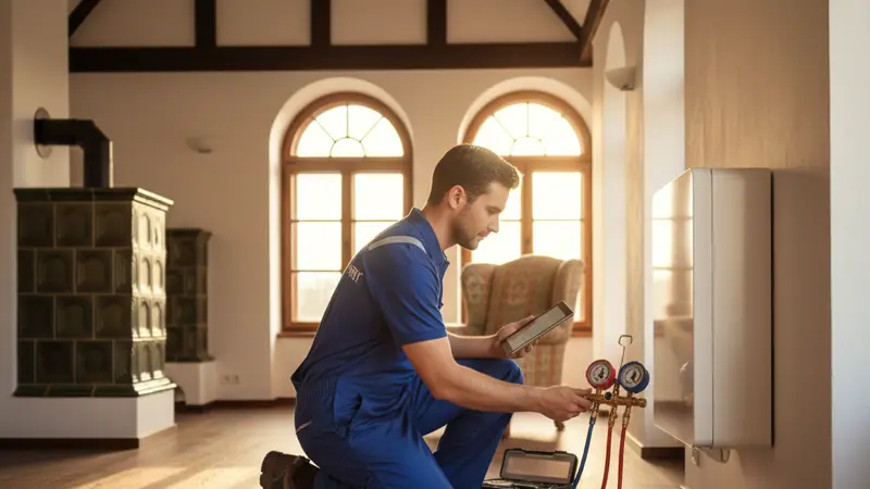 Techniker bei der Wartung einer Sole-Wasser-Wärmepumpe im Hauswirtschaftsraum