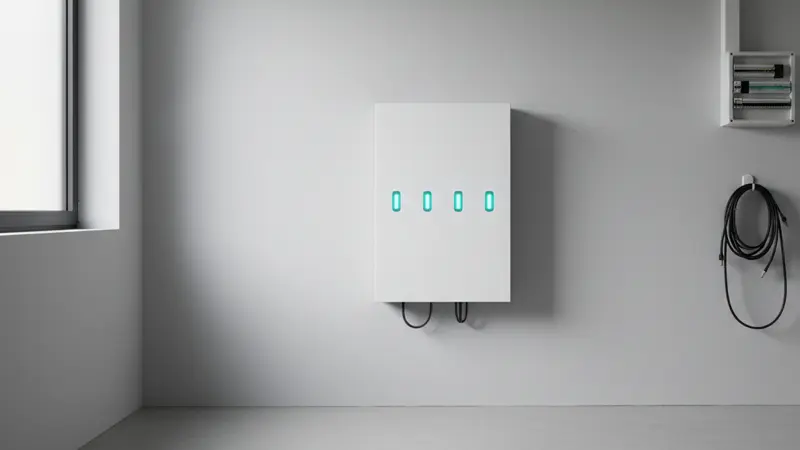 Moderner Lithium-Stromspeicher an der Wand eines Einfamilienhauses montiert