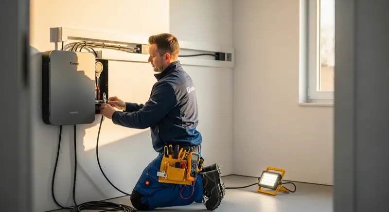 Elektriker installiert einen Heimspeicher an der Kellerwand eines Einfamilienhauses