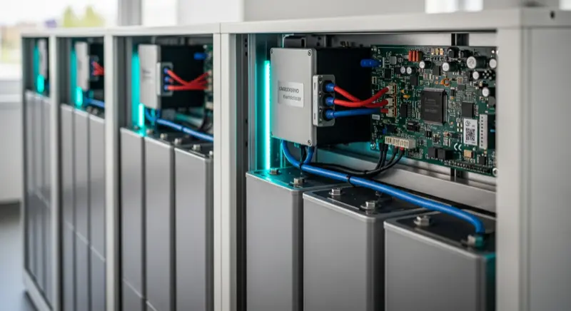 LFP-Batteriezellen in einem modularen Heimspeichersystem, saubere Aufnahme der Zellenstruktur