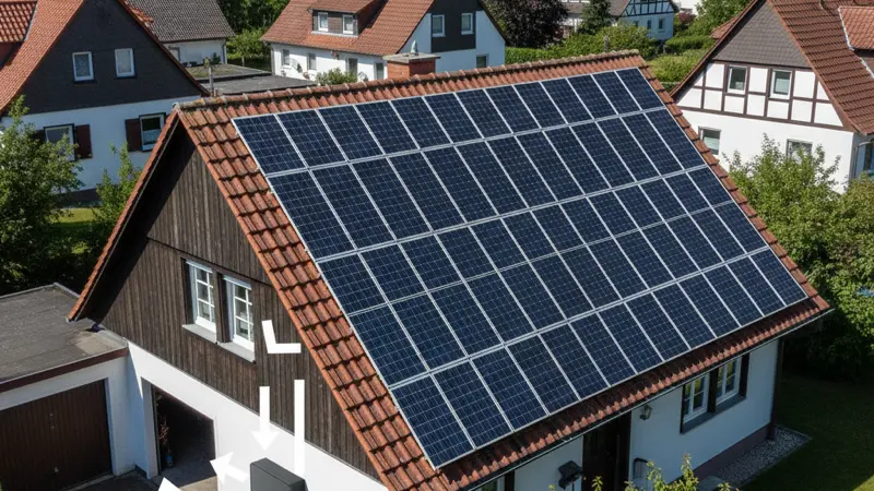 Solaranlage auf dem Dach eines Einfamilienhauses mit Stromspeicher im Keller