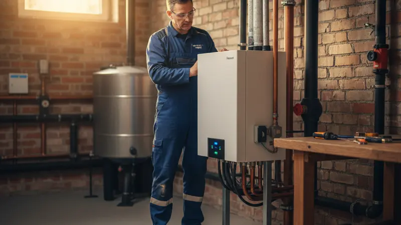 Fachinstallateur bei der Montage einer Viessmann Wärmepumpe