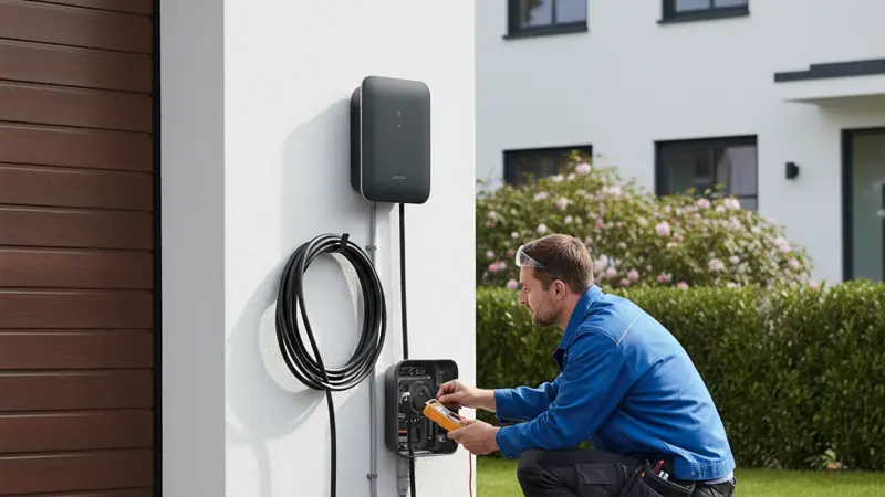 Elektriker installiert eine Wallbox an einer Garagenwand mit Werkzeug und Kabelkanal