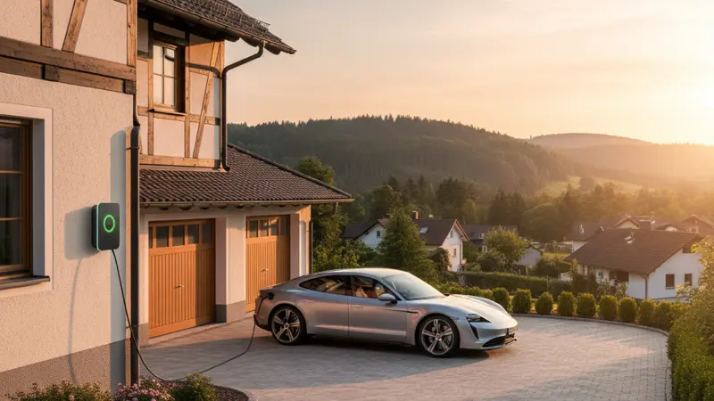 Elektroauto wird an einer 11 kW Wallbox über Nacht geladen mit Anzeige der Ladezeit