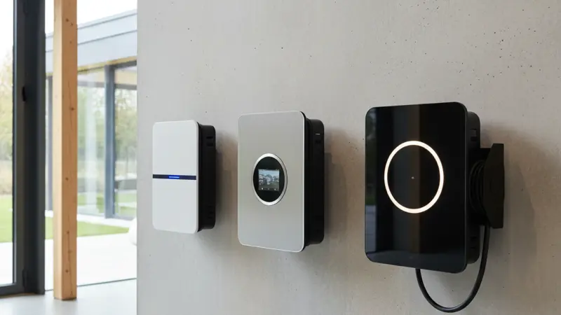 Verschiedene Wallbox Modelle nebeneinander aufgestellt zum Vergleich