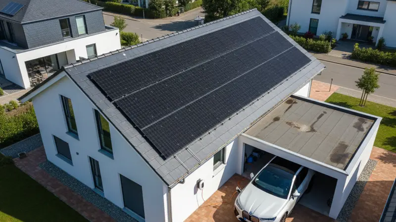 Einfamilienhaus mit Solaranlage auf dem Dach und Wallbox in der Garage neben einem Elektroauto