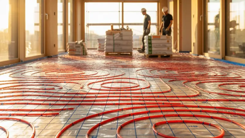 Fußbodenheizung wird in einem Neubau verlegt