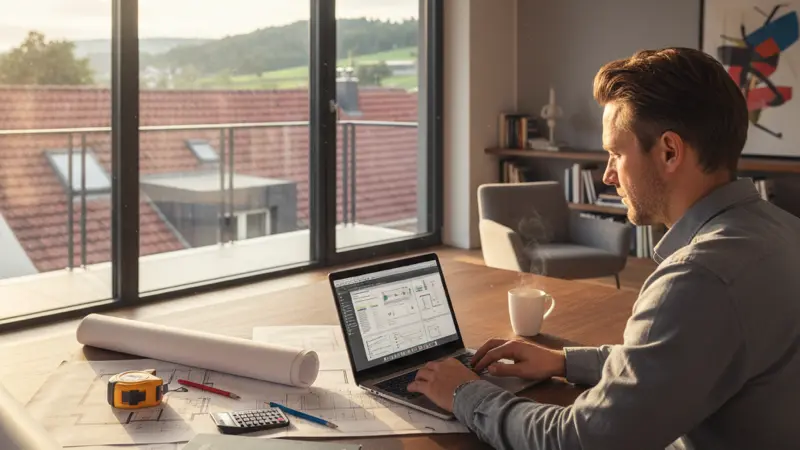 Energieberater berechnet die Heizlast am Computer