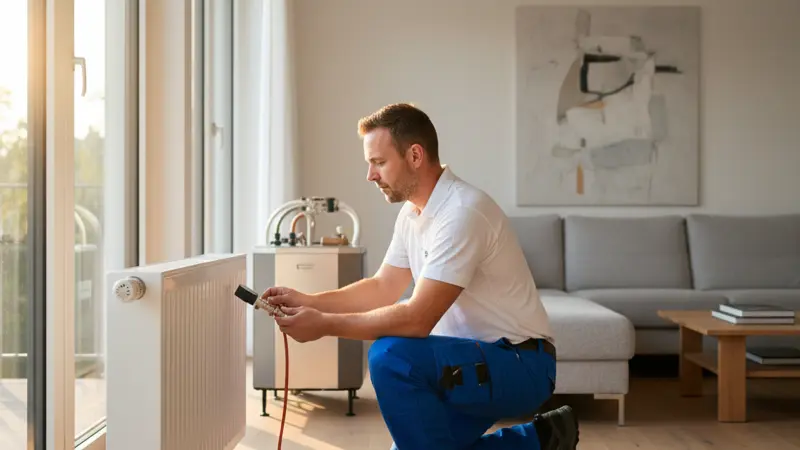 SHK-Fachmann führt hydraulischen Abgleich an einer Wärmepumpenanlage durch
