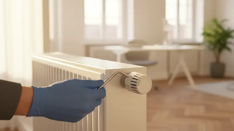 Nahaufnahme eines voreinstellbaren Thermostatventils am Heizkörper