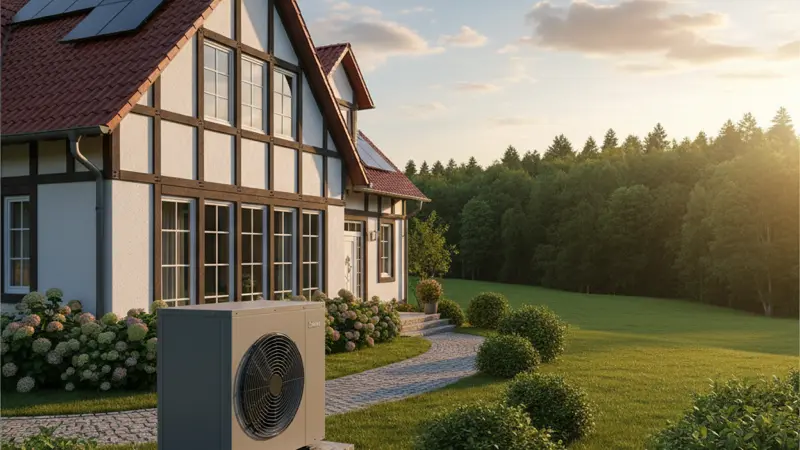 Moderne Luft-Wasser-Wärmepumpe vor einem Einfamilienhaus