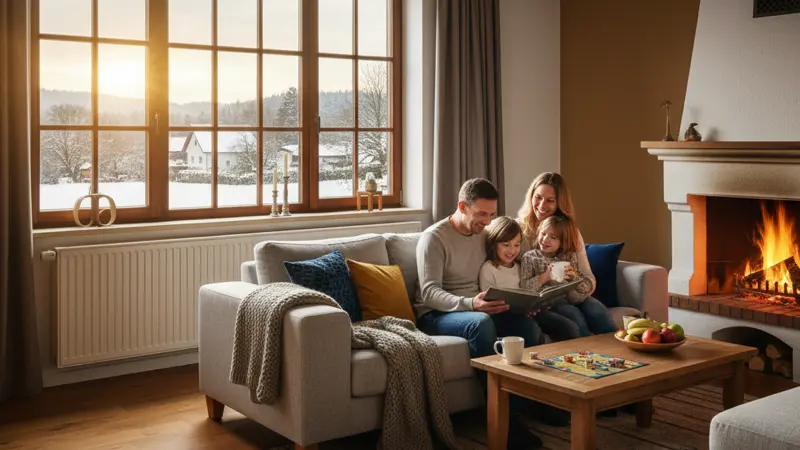 Familie genießt gleichmäßige Wärme im Wohnzimmer