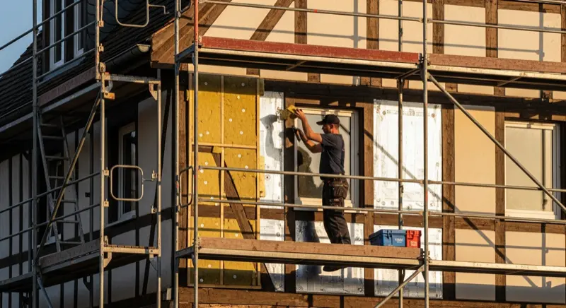 Professionelle Wärmedämmung an einer Altbau-Außenwand verbessert die Effizienz der Wärmepumpe