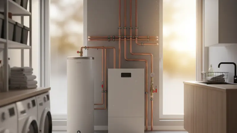 Heizungskeller mit moderner Wärmepumpen-Inneneinheit und optimierter Verrohrung