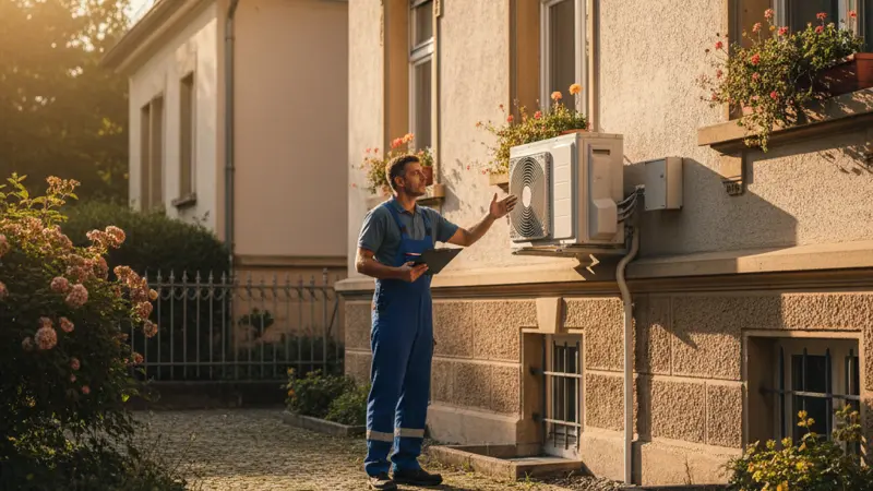 Energieberater begutachtet eine Wärmepumpe am Außengerät eines Altbaus und berät zur Backup-Heizung