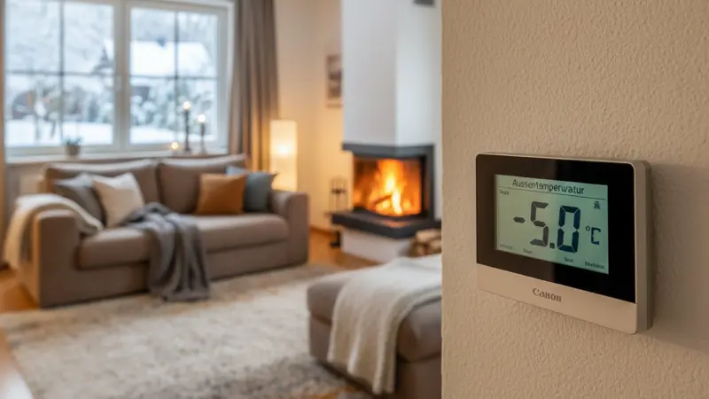 Digitales Thermostat zeigt Außentemperatur von minus 5 Grad, Bivalenzpunkt einer Wärmepumpe