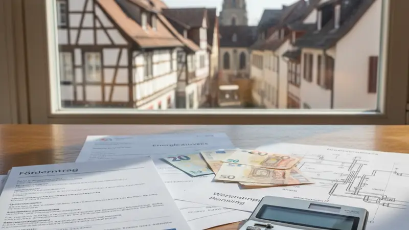 BAFA-Förderantrag und Taschenrechner auf einem Schreibtisch neben Energieausweis für die Wärmepumpe