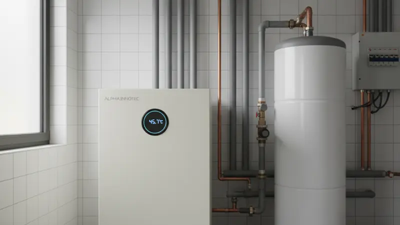 Heizungskeller mit Wärmepumpe-Inneneinheit und Pufferspeicher, in den der elektrische Heizstab integriert ist