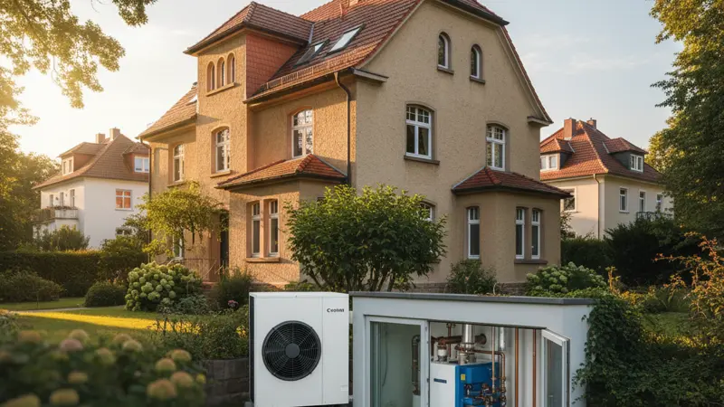 Hybridheizung mit Wärmepumpe als Außengerät und vorhandenem Gaskessel im Keller eines Altbaus