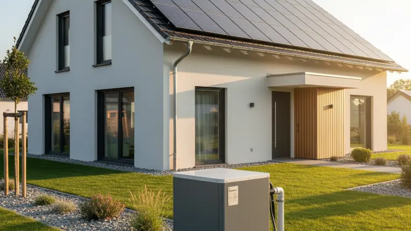 Fachbetrieb installiert eine Wärmepumpe an einem Einfamilienhaus