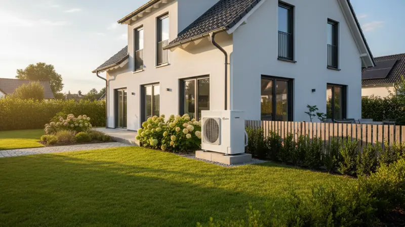 Moderne Luft-Wasser-Wärmepumpe als Außengerät neben einem gut gedämmten Einfamilienhaus im monovalenten Betrieb