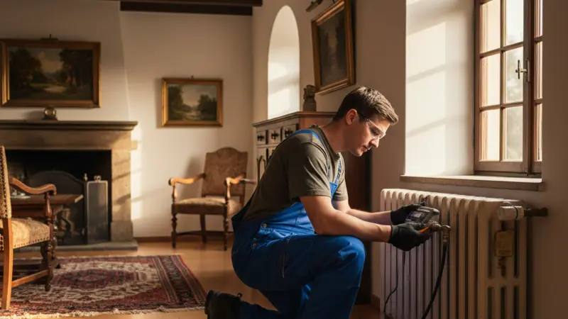 Heizungstechniker beim hydraulischen Abgleich eines Heizkörper-Thermostatventils