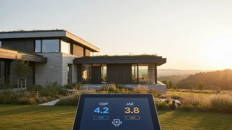 Digitales Display einer Wärmepumpe mit COP- und JAZ-Anzeige
