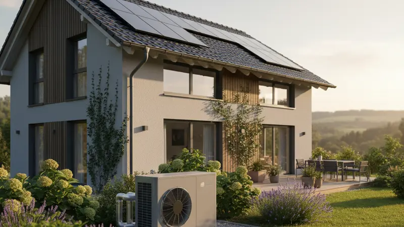 Moderne Wärmepumpe vor einem Einfamilienhaus mit Garten